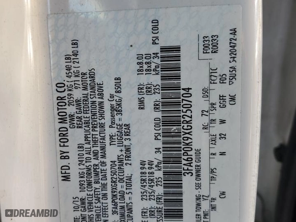 2016 Ford Fusion Titanium with VIN 3FA6P0K9XGR250704, listed as a Copart auction lot 46860875 with 149,036 mi miles and Salvage Title. Bid and sale history available at carsss.com. Image 13.