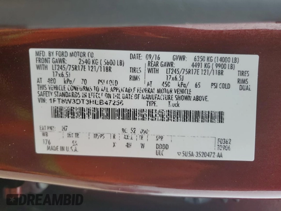 2017 Ford F-350 Lariat z VIN 1FT8W3DT3HEB47256, wystawiony jako Copart lot #44770575 z przebiegiem 140 572 mil mil oraz Szkoda całkowita • Salvage title. Historia ofert i sprzedaży dostępna na DreamBid. Obrazek 12.