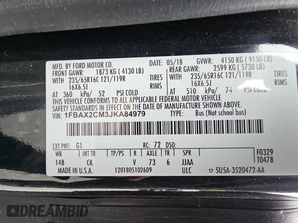 2018 Ford Transit Passenger XL with VIN 1FBAX2CM3JKA84979, listed as a Copart auction lot 59193135 with 65,920 mi miles and Salvage title. Bid and sale history available at DreamBid. Image 11.