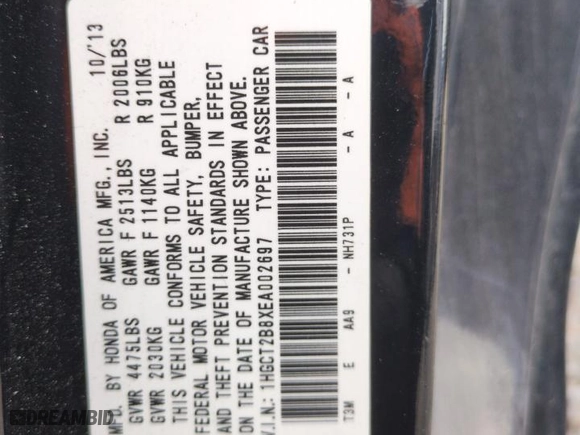 2014 Honda Accord Coupe EX-L with VIN 1HGCT2B8XEA002697, listed as a Copart auction lot 47836225 with NaN miles and Salvage Title. Bid and sale history available at carsss.com. Image 12.