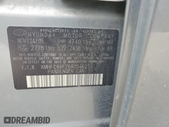2006 Hyundai Azera SE z VIN KMHFC46F76A054625, wystawiony jako Copart lot #56588315 z przebiegiem 178 667 mil mil oraz Szkoda całkowita • Salvage title. Historia ofert i sprzedaży dostępna na DreamBid. Obrazek 12.