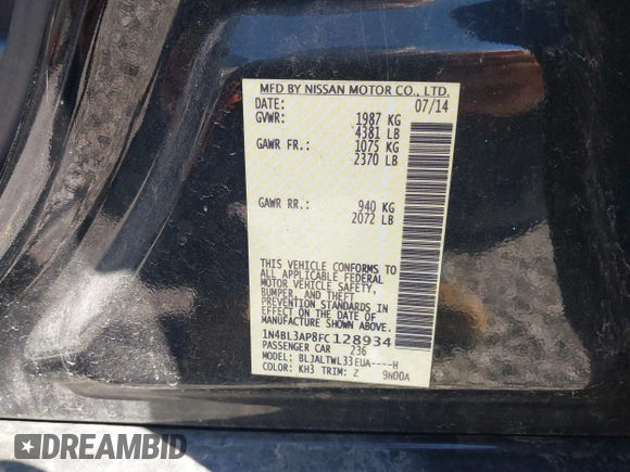 2015 Nissan Altima SL with VIN 1N4BL3AP8FC128934, listed as a IAAI auction lot 41805004 with 182,708 mi miles and . Bid and sale history available at DreamBid. Image 9.