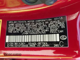 2013 Lexus ES 4dr Sdn with VIN JTHBK1GG5D2075765, listed as a IAAI auction lot 41907575 with Not Provided miles. Bid and sale history available at carsss.com. Image 9.