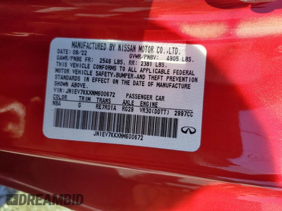 2022 Infiniti Q60 Luxe with VIN JN1EV7KKXNM600672, listed as a Copart auction lot 45350345 with 20,941 mi miles and Salvage Title. Bid and sale history available at DreamBid. Image 15.