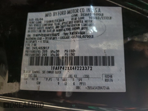 2004 Ford Mustang GT Deluxe with VIN 1FAFP42XX4F223372, listed as a Copart auction lot 60025525 with 149,264 mi miles and Non repairable. Bid and sale history available at DreamBid. Image 13.
