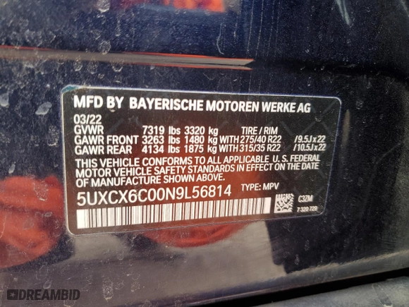 2022 BMW X7 M50i with VIN 5UXCX6C00N9L56814, listed as a Copart auction lot 46108725 with 35,216 mi miles and Salvage Title. Bid and sale history available at carsss.com. Image 13.