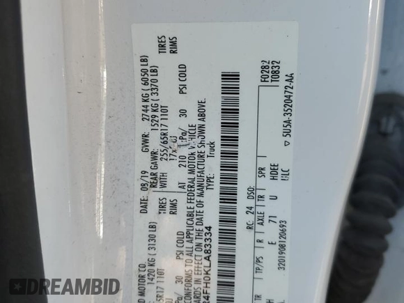 2019 Ford Ranger XL with VIN 1FTER4FH0KLA83334, listed as a Copart auction lot 54936605 with 125,153 mi miles and Clean Title. Bid and sale history available at DreamBid. Image 13.