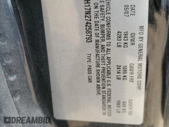 2007 Pontiac G6 GT z VIN 1G2ZH17N274258793, wystawiony jako Copart lot #82433393 z przebiegiem 188 538 mil mil oraz Szkoda całkowita • Salvage title. Historia ofert i sprzedaży dostępna na DreamBid. Obrazek 12.