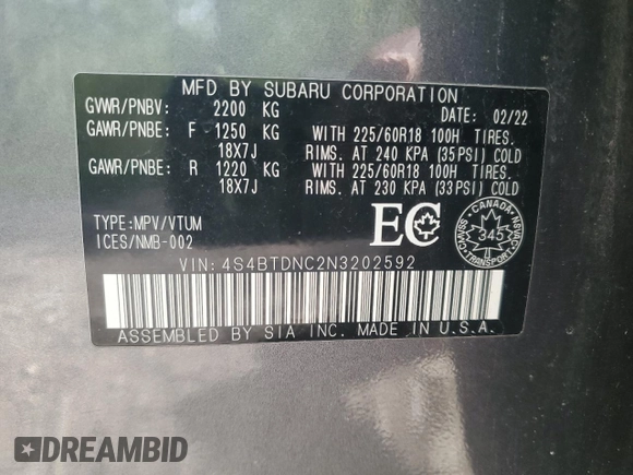 2022 Subaru Outback with VIN 4S4BTDNC2N3202592, listed as a Copart auction lot 58601125 with Not provided miles and Clean title. Bid and sale history available at DreamBid. Image 14.