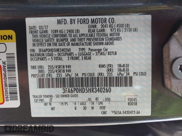 2017 Ford Fusion SE с VIN 3FA6P0HD5HR340260, выставлен на аукционе IAAI как лот 42401756 с пробегом 159 381 миль миль и . История ставок и продаж доступна на DreamBid. Изображение 9.