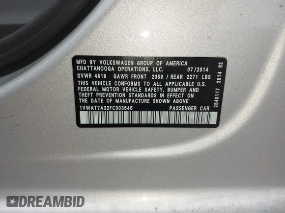 2015 Volkswagen Passat 1.8T Limited Edition with VIN 1VWAT7A32FC003645, listed as a IAAI auction lot 42091376 with 140,675 mi miles. Bid and sale history available at carsss.com. Image 9.