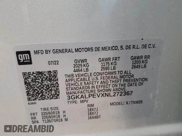 2022 GMC Terrain SLT with VIN 3GKALPEVXNL272367, listed as a Copart auction lot 44560335 with 43,971 mi miles and Salvage Title. Bid and sale history available at DreamBid. Image 13.