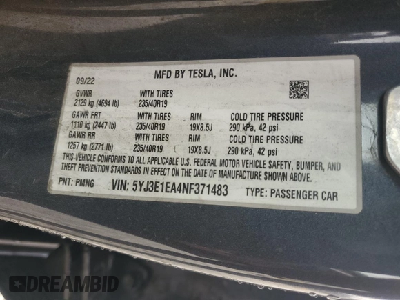 2022 Tesla Model 3 with VIN 5YJ3E1EA4NF371483, listed as a Copart auction lot 49287665 with 59,476 mi miles and Salvage Title. Bid and sale history available at DreamBid. Image 13.