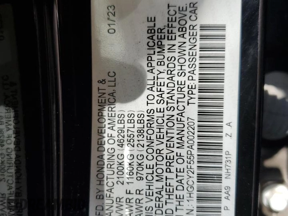 2023 Honda Accord Sport with VIN 1HGCY2F55PA002207, listed as a Copart auction lot 61575925 with 60,182 mi miles and Salvage title. Bid and sale history available at DreamBid. Image 12.