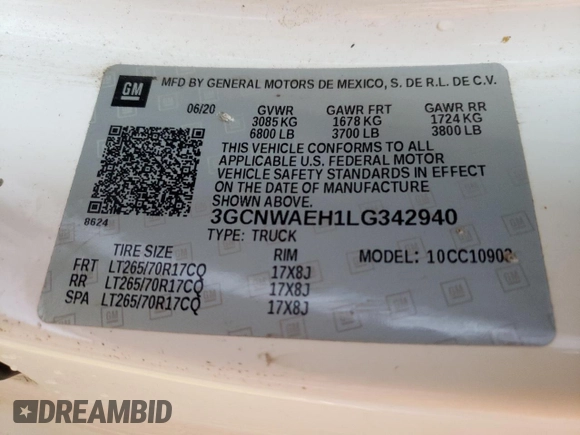 2020 Chevrolet Silverado 1500 Work Truck with VIN 3GCNWAEH1LG342940, listed as a Copart auction lot 77469334 with 125,480 mi miles and Salvage Title. Bid and sale history available at DreamBid. Image 12.