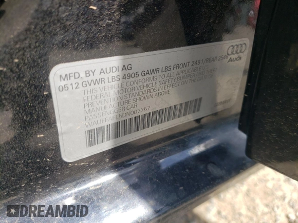 2013 Audi A4 Premium Plus with VIN WAUFFAFL5DN007757, listed as a Copart auction lot 59131035 with 115,414 mi miles and Clean title. Bid and sale history available at DreamBid. Image 13.