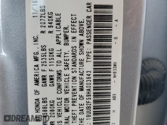 2017 Acura TLX V6 w/Technology Pkg with VIN 19UUB2F59HA003643, listed as a Copart auction lot 56173885 with 91,065 mi miles and Salvage title. Bid and sale history available at DreamBid. Image 13.