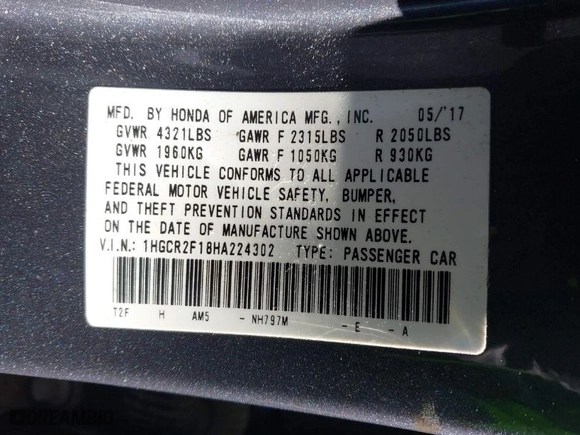 2017 Honda Accord Sedan Sport SE with VIN 1HGCR2F18HA224302, listed as a IAAI auction lot 41306100 with NaN miles. Bid and sale history available at carsss.com. Image 9.
