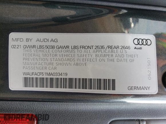 2021 Audi A5 Sportback S line Premium Plus with VIN WAUFACF51MA033419, listed as a Copart auction lot 63228053 with 37,590 mi miles. Bid and sale history available at carsss.com. Image 14.