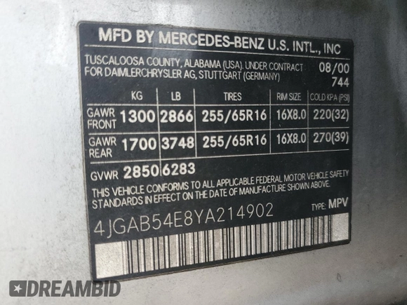 2000 Mercedes-Benz M 320/430/500 z VIN 4JGAB54E8YA214902, wystawiony jako Copart lot #46238825 z przebiegiem Nie podano mil oraz Szkoda całkowita • Salvage title. Historia ofert i sprzedaży dostępna na DreamBid. Obrazek 13.