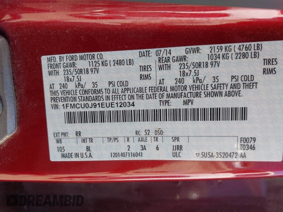 2014 Ford Escape Titanium with VIN 1FMCU0J91EUE12034, listed as a IAAI auction lot 42027493 with 160,417 mi miles and . Bid and sale history available at DreamBid. Image 9.