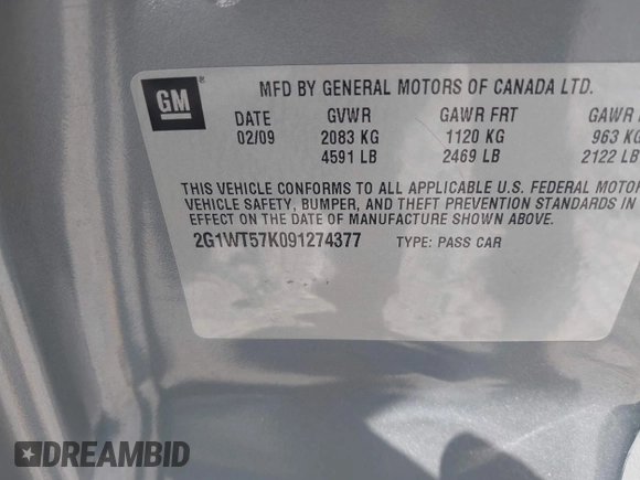2009 Chevrolet Impala LT with VIN 2G1WT57K091274377, listed as a IAAI auction lot 41982785 with 96,190 mi miles and . Bid and sale history available at DreamBid. Image 9.