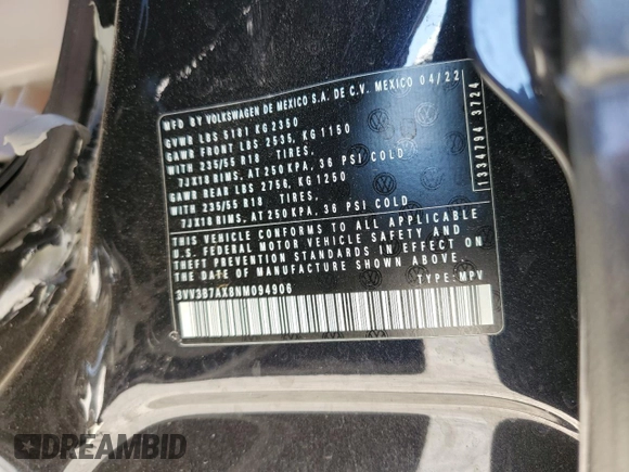 2022 Volkswagen Tiguan SE z VIN 3VV3B7AX8NM094906, wystawiony jako Copart lot #54234485 z przebiegiem 27 030 mil mil oraz Szkoda całkowita • Salvage title. Historia ofert i sprzedaży dostępna na DreamBid. Obrazek 13.