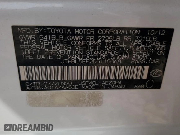 2013 Lexus LS 460 z VIN JTHBL5EF2D5115068, wystawiony jako Copart lot #50638275 z przebiegiem 84 817 mil mil oraz Szkoda całkowita • Salvage title. Historia ofert i sprzedaży dostępna na DreamBid. Obrazek 14.