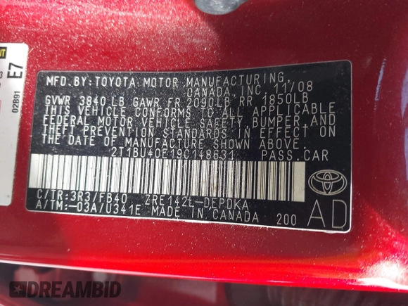 2009 Toyota Corolla with VIN 2T1BU40E19C148631, listed as a IAAI auction lot 42474433 with 151,358 mi miles and . Bid and sale history available at DreamBid. Image 9.