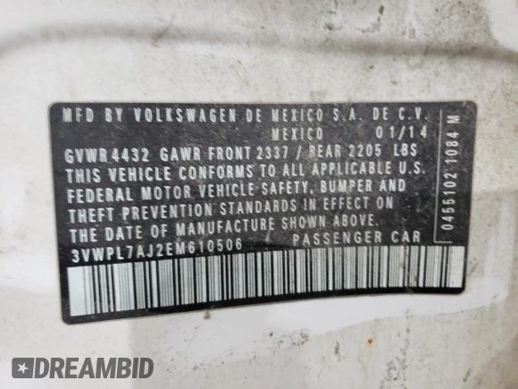 2014 Volkswagen Jetta TDI w/Sunroof & Nav с VIN 3VWPL7AJ2EM610506, выставлен на аукционе Copart как лот 41514185 с пробегом 197 121 миль миль и Списание • Salvage title. История ставок и продаж доступна на DreamBid. Изображение 14.