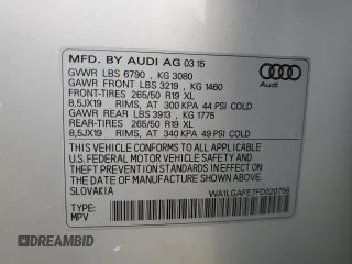 2015 Audi Q7 Premium Plus with VIN WA1LGAFE7FD020758, listed as a Copart auction lot 57027935 with 117,329 mi miles and Non repairable. Bid and sale history available at DreamBid. Image 14.