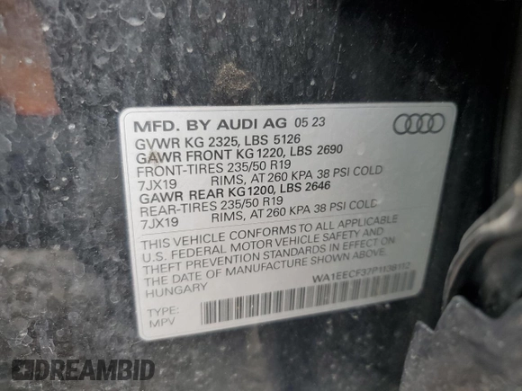 2023 Audi Q3 S line Premium Plus с VIN WA1EECF37P1138112, выставлен на аукционе Copart как лот 61012815 с пробегом 39 366 миль миль и Списание • Salvage title. История ставок и продаж доступна на DreamBid. Изображение 13.
