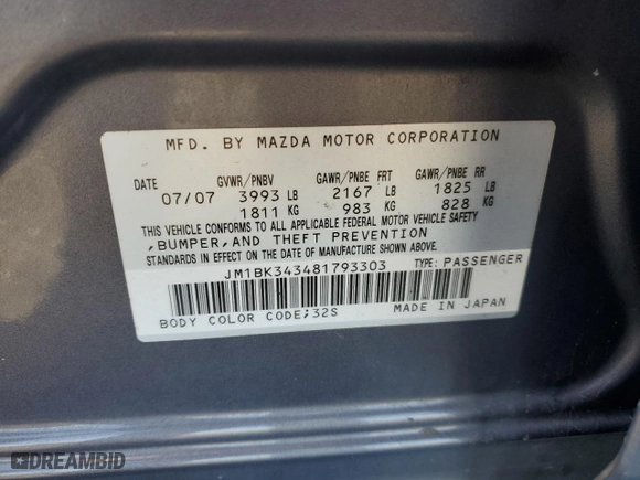 2008 Mazda Mazda3 s Sport with VIN JM1BK343481793303, listed as a Copart auction lot 52241925 with 0 mi miles and Salvage Title. Bid and sale history available at carsss.com. Image 12.