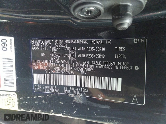 2015 Toyota Sienna XLE with VIN 5TDYK3DC2FS569246, listed as a IAAI auction lot 27475275 with 49,089 mi miles. Bid and sale history available at carsss.com. Image 9.