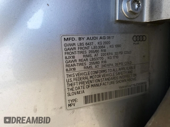 2018 Audi Q7 Premium with VIN WA1AHAF79JD009033, listed as a Copart auction lot 84053284 with 68,154 mi miles and Salvage title. Bid and sale history available at DreamBid. Image 15.