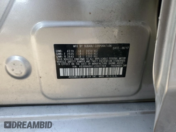 2018 Subaru Legacy with VIN 4S3BNAB67J3007268, listed as a Copart auction lot 74185513 with 72,651 mi miles. Bid and sale history available at carsss.com. Image 12.