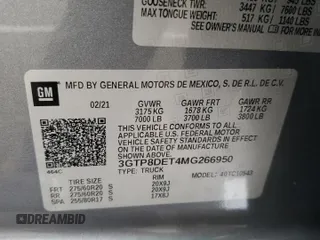 2021 GMC Sierra 1500 with VIN 3GTP8DET4MG266950, listed as a Copart auction lot 81965234 with 55,968 mi miles and Salvage Title. Bid and sale history available at DreamBid. Image 12.