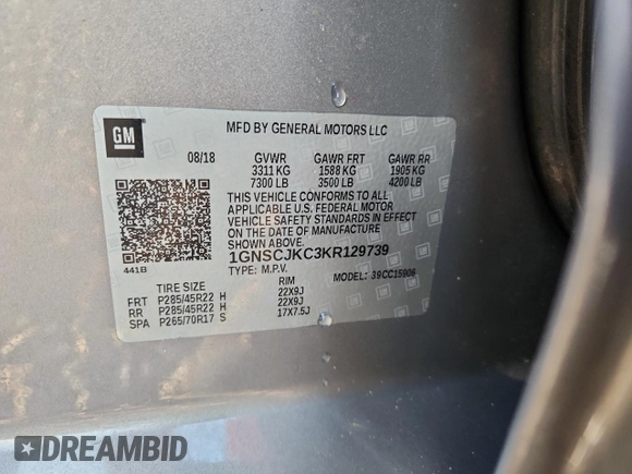 2019 Chevrolet Suburban LT with VIN 1GNSCJKC3KR129739, listed as a Copart auction lot 62377465 with 105,771 mi miles and Salvage title. Bid and sale history available at DreamBid. Image 13.