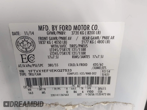 2014 Ford F-150 XL with VIN 1FTVX1EF1EKG27533, listed as a IAAI auction lot 42506684 with 78,283 mi miles and . Bid and sale history available at DreamBid. Image 9.