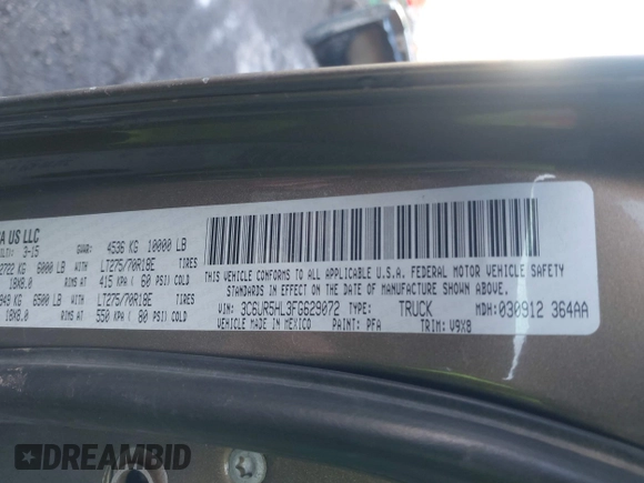 2015 Ram 2500 Tradesman с VIN 3C6UR5HL3FG629072, выставлен на аукционе IAAI как лот 41296490 с пробегом 211 318 миль миль и . История ставок и продаж доступна на DreamBid. Изображение 9.