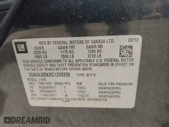 2012 Chevrolet Equinox LT w/1LT with VIN 2GNALDEKXC1238208, listed as a IAAI auction lot 42078049 with 136,246 mi miles. Bid and sale history available at carsss.com. Image 9.
