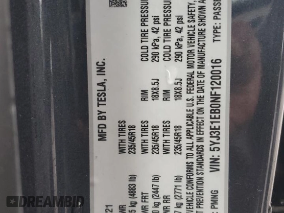 2022 Tesla Model 3 Long Range with VIN 5YJ3E1EB0NF120016, listed as a Copart auction lot 51757835 with 40,030 mi miles and Salvage Title. Bid and sale history available at DreamBid. Image 12.