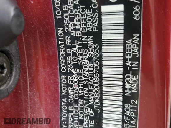 2005 Toyota Prius with VIN JTDKB20U857057353, listed as a Copart auction lot 55991475 with 184,166 mi miles and Clean Title. Bid and sale history available at DreamBid. Image 12.