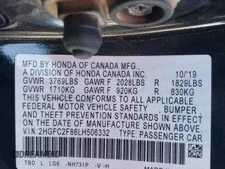 2020 Honda Civic Sedan Sport with VIN 2HGFC2F86LH506332, listed as a Copart auction lot 78668344 with 86,640 mi miles and Salvage Title. Bid and sale history available at carsss.com. Image 12.