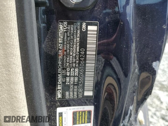 2006 Mercedes-Benz CLK 350 with VIN WDBTK56GX6T064240, listed as a Copart auction lot 53716385 with 166,382 mi miles and Salvage Title. Bid and sale history available at DreamBid. Image 12.