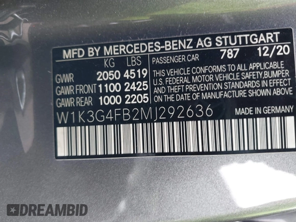 2021 Mercedes-Benz A 220 with VIN W1K3G4FB2MJ292636, listed as a IAAI auction lot 41528381 with 55,976 mi miles and . Bid and sale history available at DreamBid. Image 9.