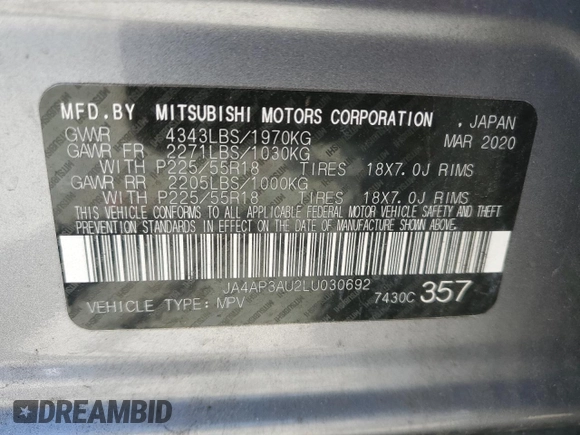 2020 Mitsubishi Outlander ES with VIN JA4AP3AU2LU030692, listed as a Copart auction lot 57047345 with 78,396 mi miles and Salvage title. Bid and sale history available at DreamBid. Image 12.