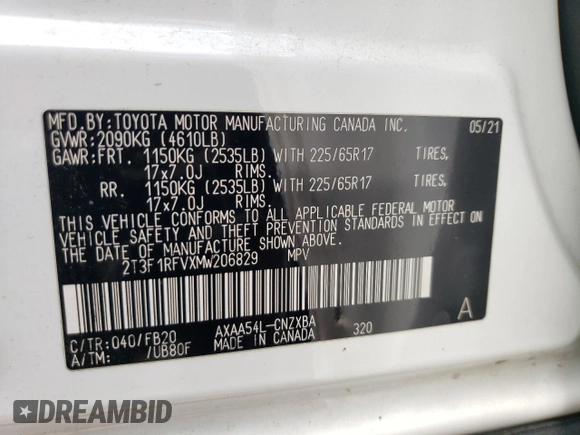 2021 Toyota RAV4 LE with VIN 2T3F1RFVXMW206829, listed as a Copart auction lot 54605934 with 116,396 mi miles and Salvage title. Bid and sale history available at DreamBid. Image 14.