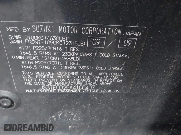 2010 Suzuki Grand Vitara Premium z VIN JS3TE0D25A4100407, wystawiony jako IAAI lot #42249747 z przebiegiem 138 781 mil mil oraz . Historia ofert i sprzedaży dostępna na DreamBid. Obrazek 9.