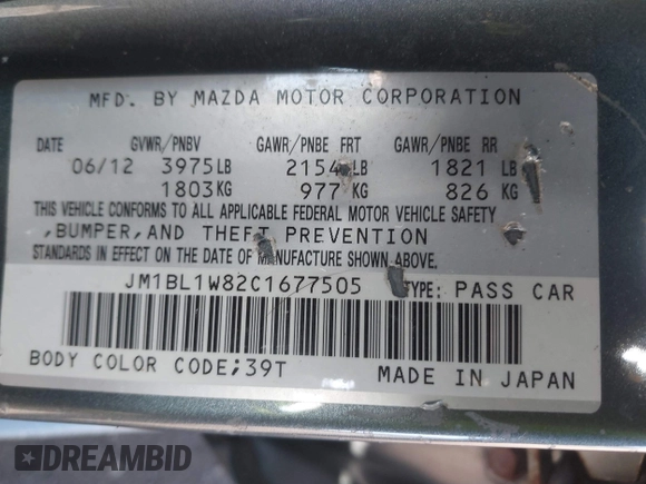 2012 Mazda 3 i Grand Touring with VIN JM1BL1W82C1677505, listed as a IAAI auction lot 41684777 with 124,454 mi miles and . Bid and sale history available at DreamBid. Image 9.